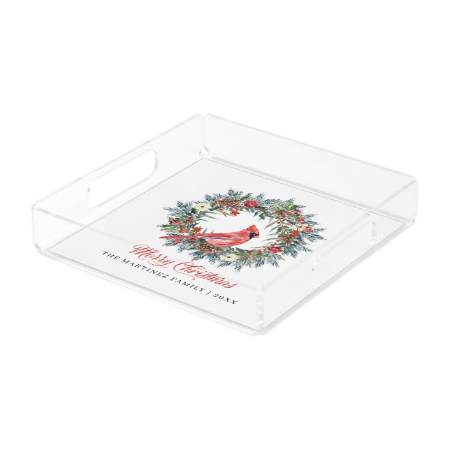Elegant Merry Christmas Wreath Red Cardinal Trivet Acrylic Tray (Angled)