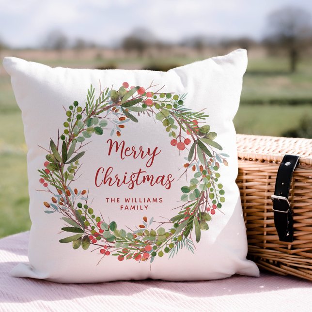 Elegant Merry Christmas Wreath  Throw Pillow (Creator Uploaded)
