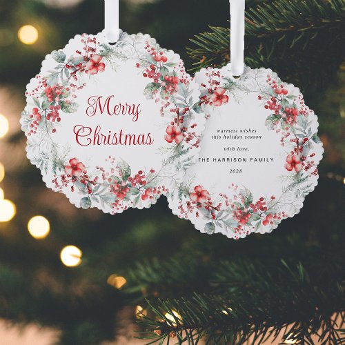 Elegant Merry Christmas Wreath Watercolor Holiday Ornament Card
