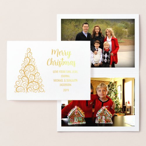 Elegant Merry Christmas Xmas Tree 2 Photos Gold Foil Card