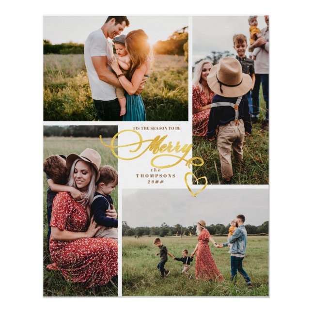Elegant Merry Gold Christmas Four Photo Collage Poster (Front)