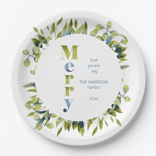 Elegant Merry Green Blue Leaves Christmas Paper Plates