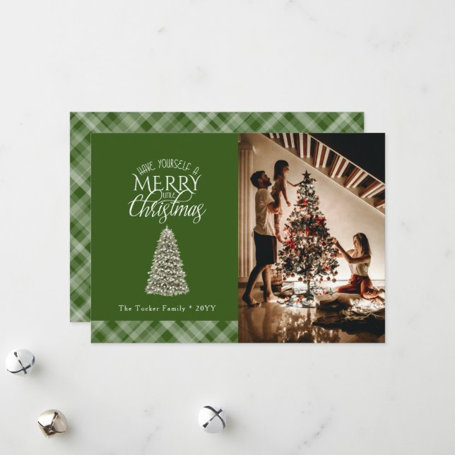 Elegant Merry Little Christmas Tree Green Plaid Holiday Card (Front/Back In Situ)