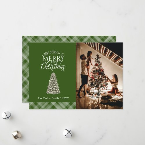 Elegant Merry Little Christmas Tree Green Plaid Holiday Card