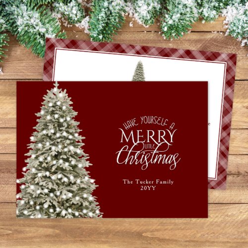 Elegant Merry Little Christmas Tree Plaid Dark Red Holiday Card