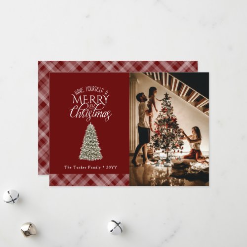 Elegant Merry Little Christmas Tree Plaid Dark Red Holiday Card