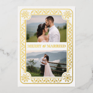 Elegant Merry & Married 2 Photo Gold Custom Foil Holiday Card