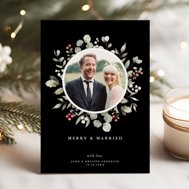 Elegant Merry & Married Botanical Black One Photo Holiday Card (Creator Uploaded)