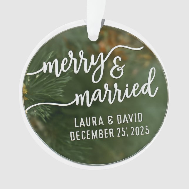 Elegant “Merry & Married” Christmas Ornament (Front)