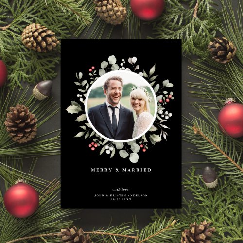 Elegant Merry  Married Greenery Wreath Photo Holiday Card