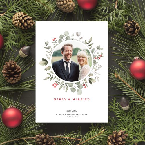 Elegant Merry  Married Greenery Wreath Photo Holiday Card