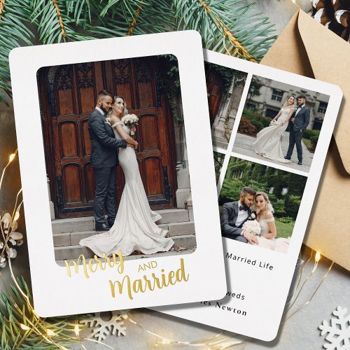 Elegant Merry Married Newlywed Photo Christmas Foil Holiday Card
