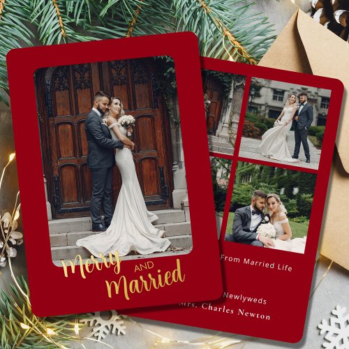 Elegant Merry Married Newlywed Photo Red Christmas Foil Holiday Card