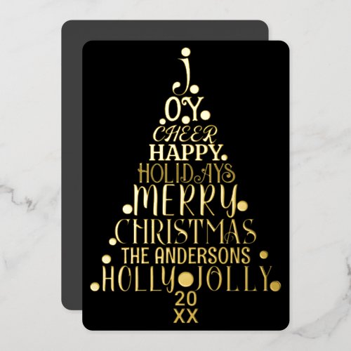 Elegant Merry Word Art Tree Christmas Black Gold Foil Holiday Card