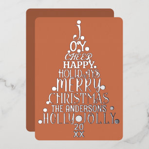 Elegant Merry Word Art Tree Christmas Chic Silver Foil Holiday Card
