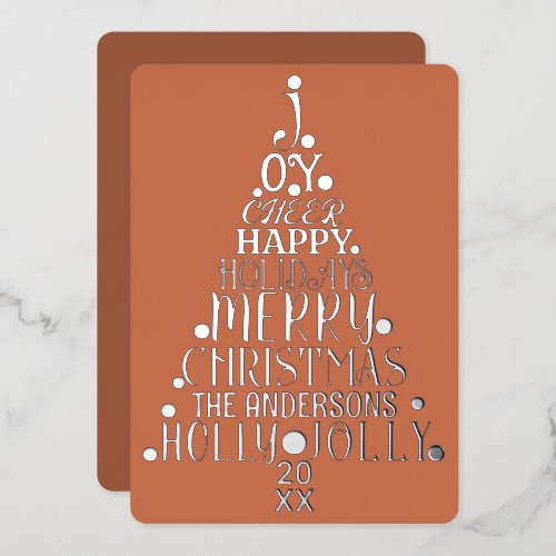 Elegant Merry Word Art Tree Christmas Chic Silver Foil Holiday Card