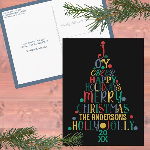 Elegant Merry Word Art Tree Colorful Black Cute Postcard