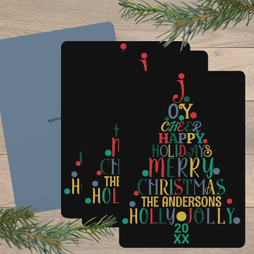 Elegant Merry Word Art Tree Colorful Black Unique Holiday Card