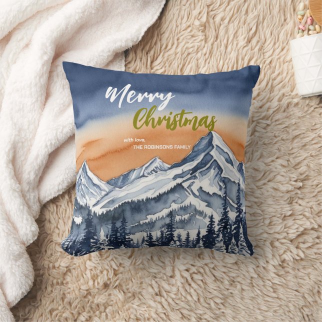 Elegant Merry xmas pine trees Snow script Holiday Throw Pillow (Blanket)