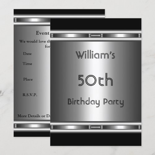 Elegant metal Look Silver Black 50th Birthday Mens Announcement
