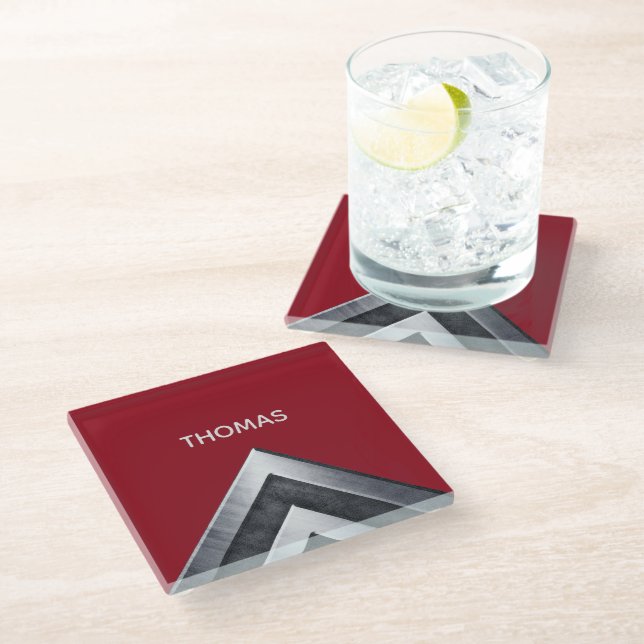Elegant Metal Pattern Monogrammed Glass Coaster (Angled)
