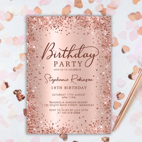 Elegant Metal Rose Gold Glitter 18th Birthday  Invitation