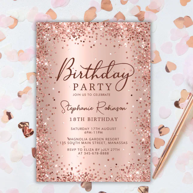 Elegant Metal Rose Gold Glitter 18th Birthday Invitation | Zazzle