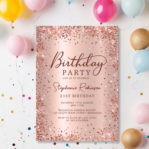 Elegant Metal Rose Gold Glitter 21st Birthday  Invitation