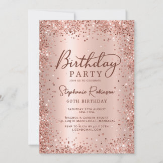 Elegant Metal Rose Gold Glitter 60th Birthday  Invitation