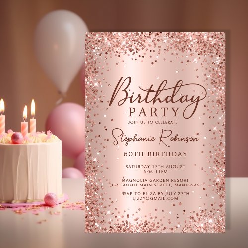 Elegant Metal Rose Gold Glitter 60th Birthday  Invitation