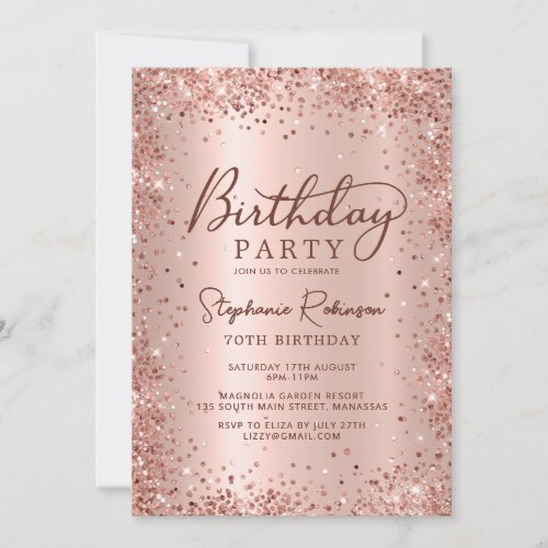 Elegant Metal Rose Gold Glitter 70th Birthday  Invitation