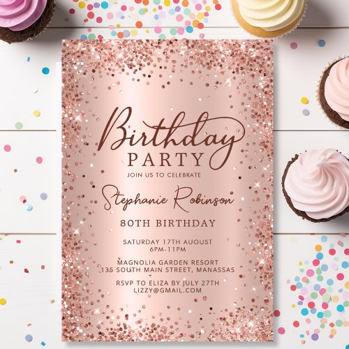 Elegant Metal Rose Gold Glitter 80th Birthday  Invitation