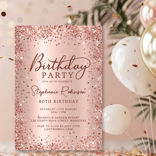 Elegant Metal Rose Gold Glitter 80th Birthday  Invitation