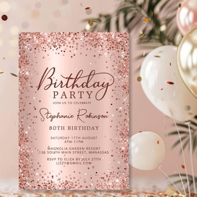 Elegant Metal Rose Gold Glitter 80th Birthday  Invitation (Creator Uploaded)