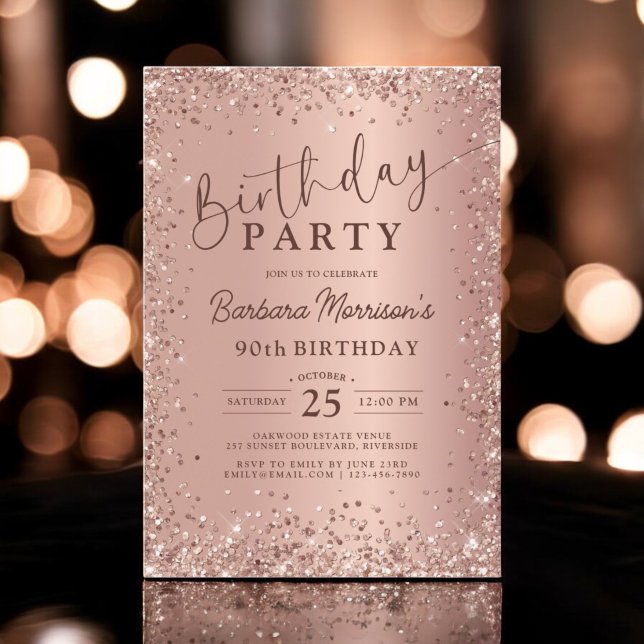 Elegant Metal Rose Gold Glitter 90th Birthday Chic Invitation (Creator Uploaded)