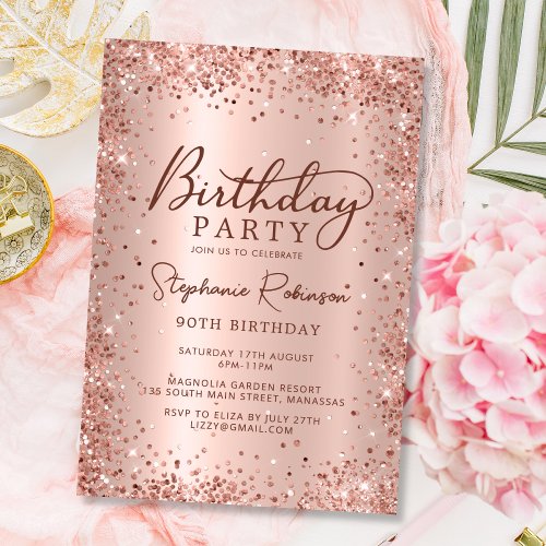 Elegant Metal Rose Gold Glitter 90th Birthday  Invitation