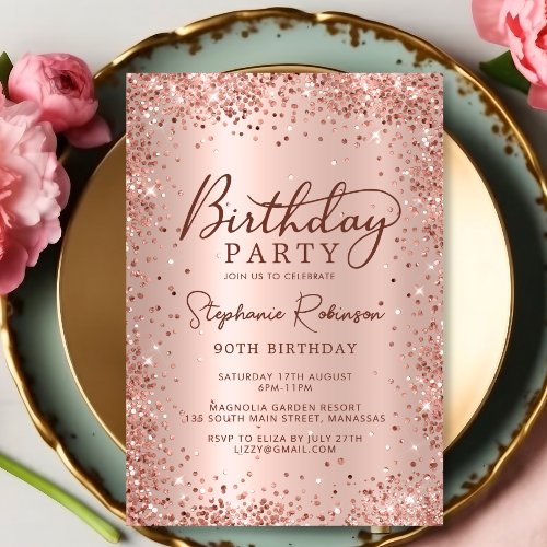 Elegant Metal Rose Gold Glitter 90th Birthday  Invitation