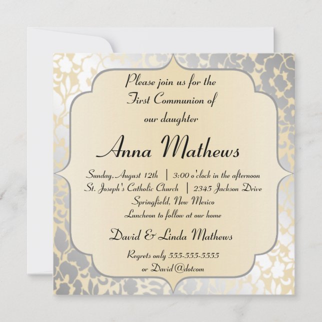 Elegant Metallic Beige First Communion Invitation (Front)