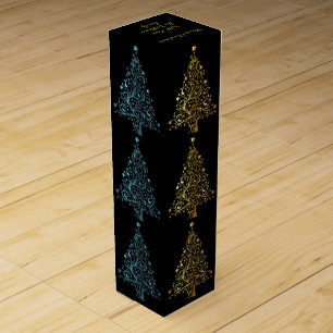 Elegant Metallic Blue Black Gold Christmas Tree Wine Gift Box