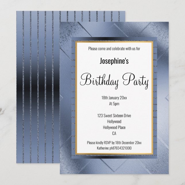 ELEGANT METALLIC BLUE GOLD PATTERN BIRTHDAY 2 INVITATION (Front/Back)