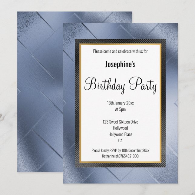 ELEGANT METALLIC BLUE GOLD PATTERN BIRTHDAY INVITATION (Front/Back)