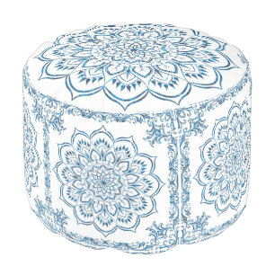 Elegant Metallic Blue Mandala Decorative Pouf