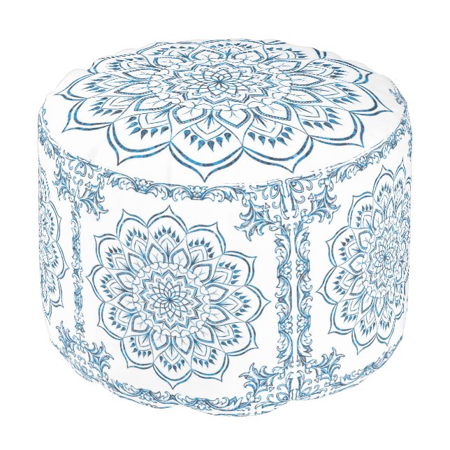 Elegant Metallic Blue Mandala Decorative Pouf (Angled Back)