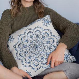Elegant Metallic Blue Mandala Decorative Throw Pillow