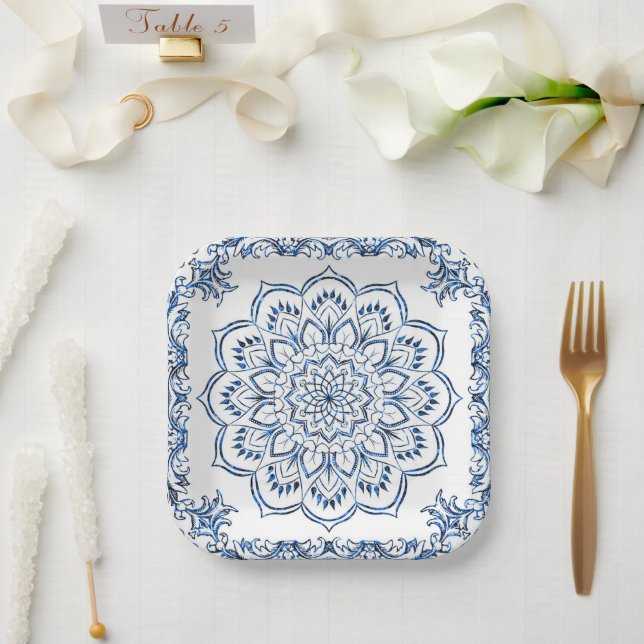 Elegant Metallic Blue Mandala Paper Plates (Wedding)