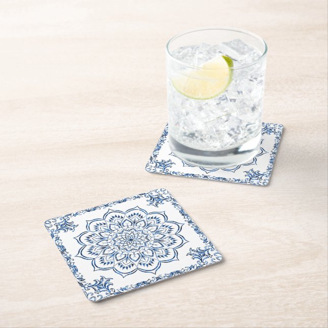 Elegant Metallic Blue Mandala Square Paper Coaster (Insitu)