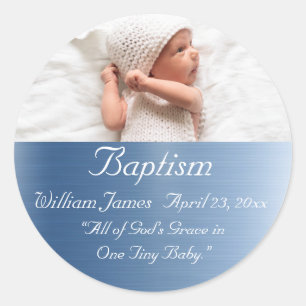 Elegant Metallic Blue Name Baby Boy Baptism Classic Round Sticker