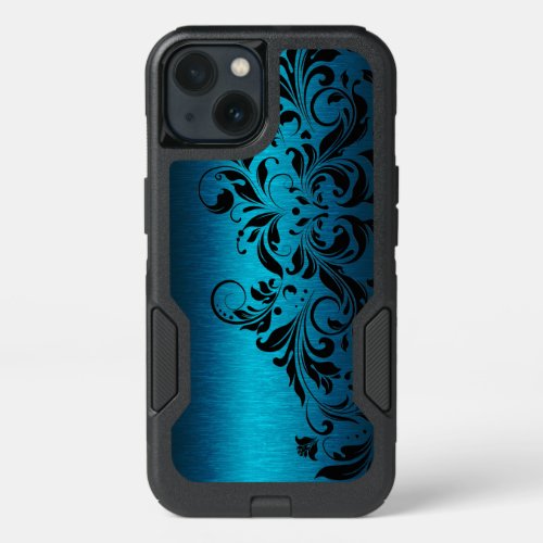 Elegant Metallic Blue Texture  Black Floral Lace iPhone 13 Case