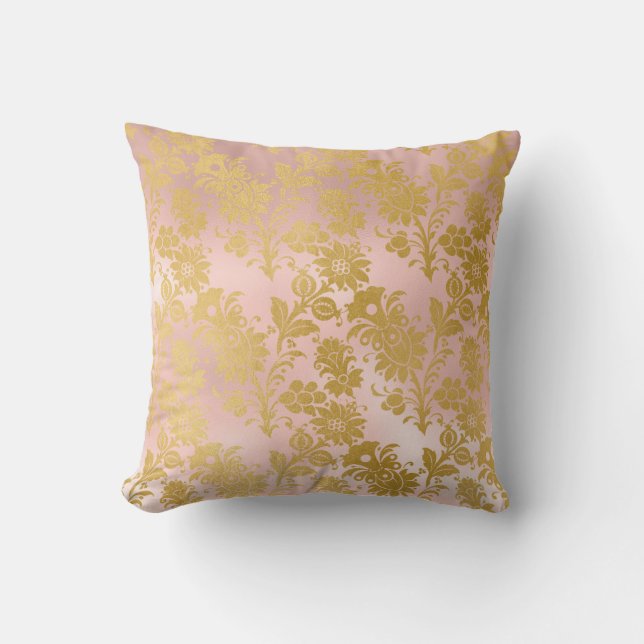 Elegant Metallic Blush Pink and Gold Floral Throw Pillow (Front)