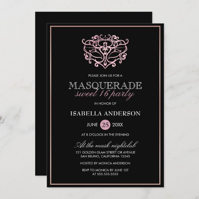 Elegant Metallic Blush Pink Masquerade Sweet 16 Invitation (Front/Back)
